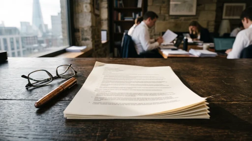 A stack of printed pages with glasses and a pen on a dark table