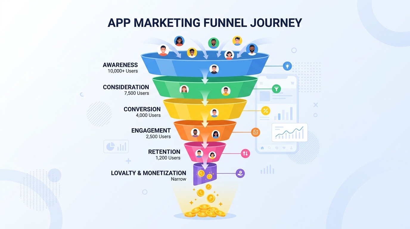 Illustration of an app revenue funnel from downloads to trials to paying subscribers