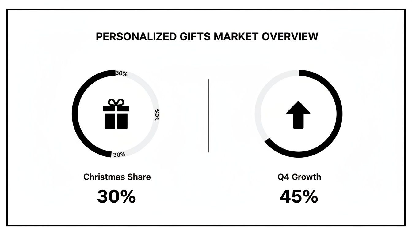 Infographic displaying personalized gift market trends: 30% Christmas share and 45% Q4 growth.