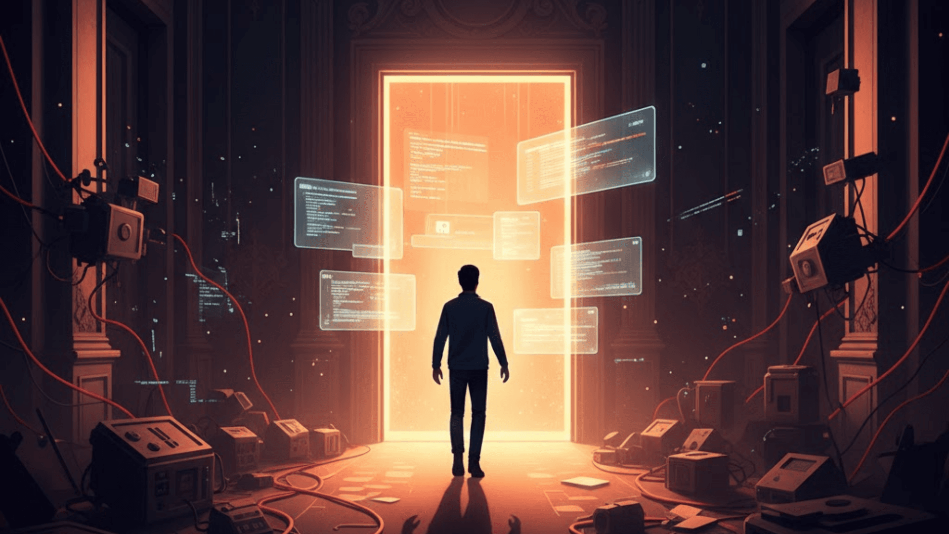 Alt Text A cinematic metaphorical illustration in a 1920x1080 landscape depicting a developer’s journey toward product-market fit. A lone figure stands in a dimly lit, ornate mansion hallway cluttered with cables and old machinery, symbolizing technical debt and startup obstacles. He faces a brilliant, glowing golden doorway filled with floating code snippets and UI panels, representing a breakthrough moment or the "Aha!" discovery in software development. The high-contrast lighting emphasizes the transition from frustration and complexity to clarity and innovation.