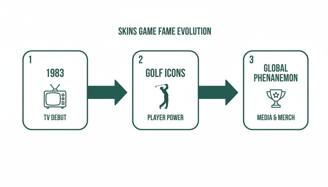 A timeline depicting the Skins Game fame evolution, from its 1983 TV debut to becoming a global phenomenon.