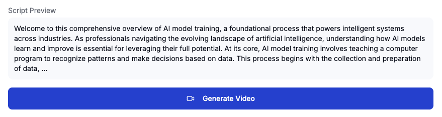 Compliance training script with a video generation option highlighted.