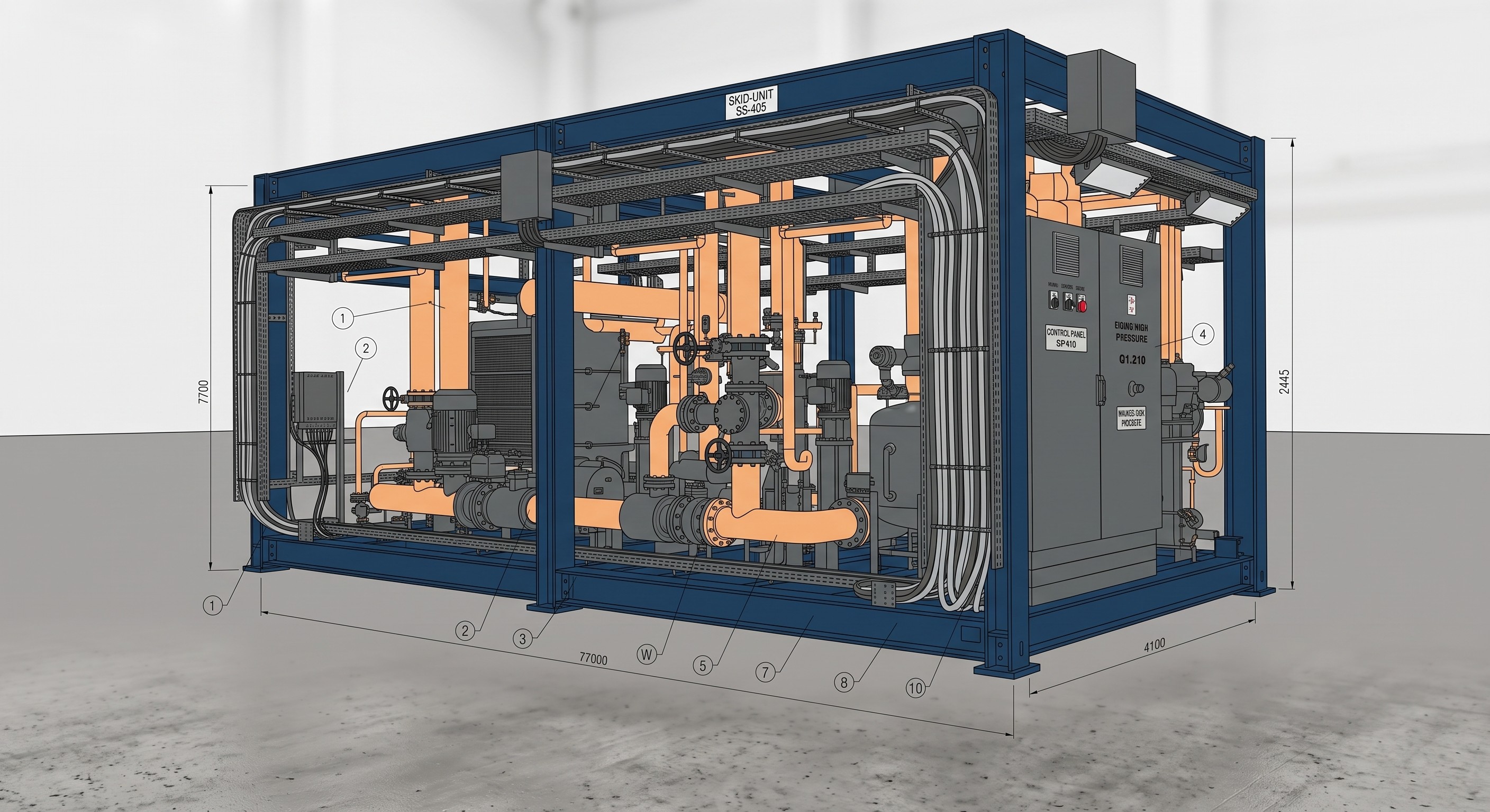 3D-Modell eines Skids im Stahlrahmen mit Rohrleitungen, Apparaten und Schaltschrank