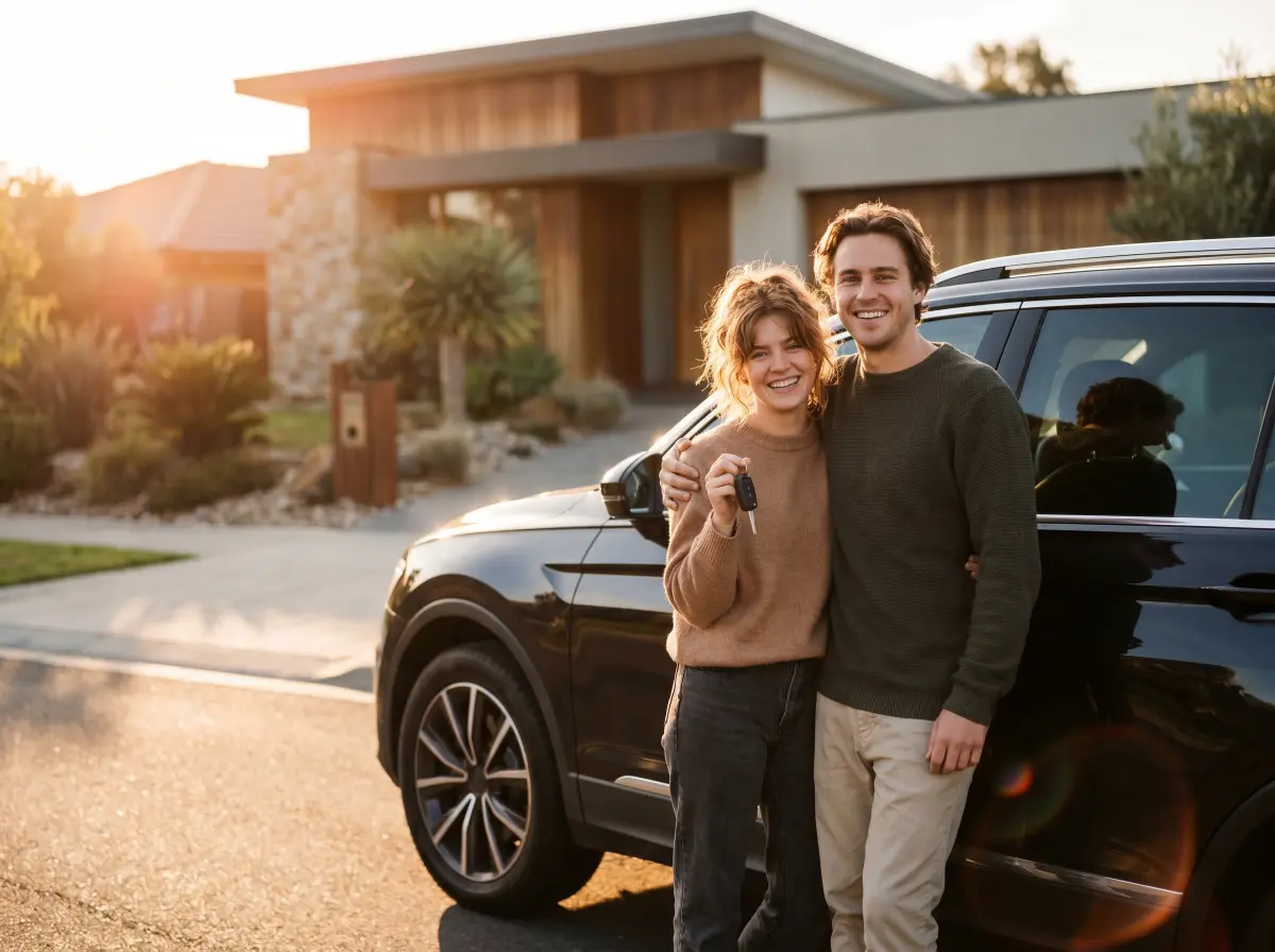 First home buyers standing outside a home