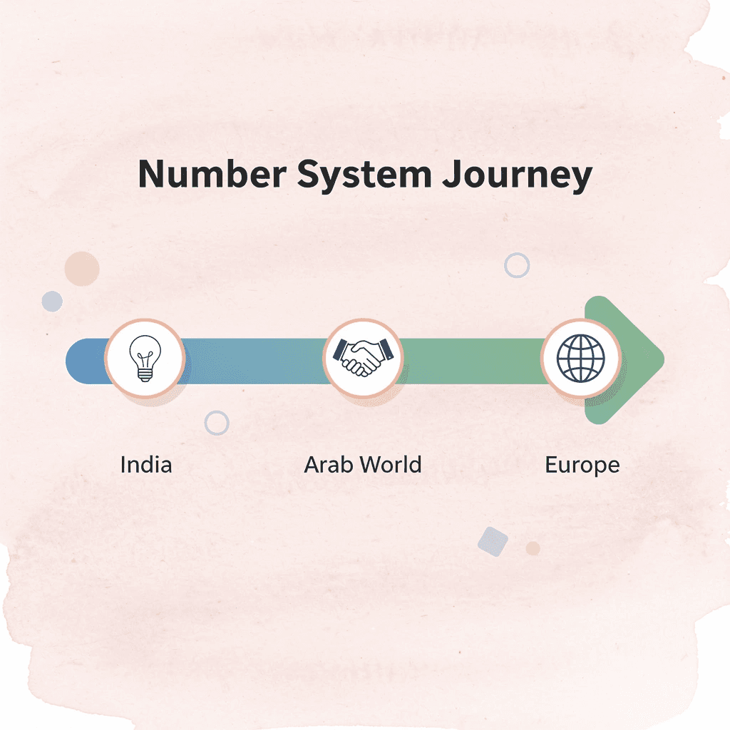 Timeline showing the journey of numerals from India through the Arab world to Europe