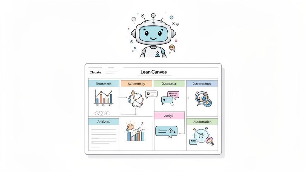 A friendly robot above a Lean Canvas diagram, illustrating business analysis, automation, and strategy.