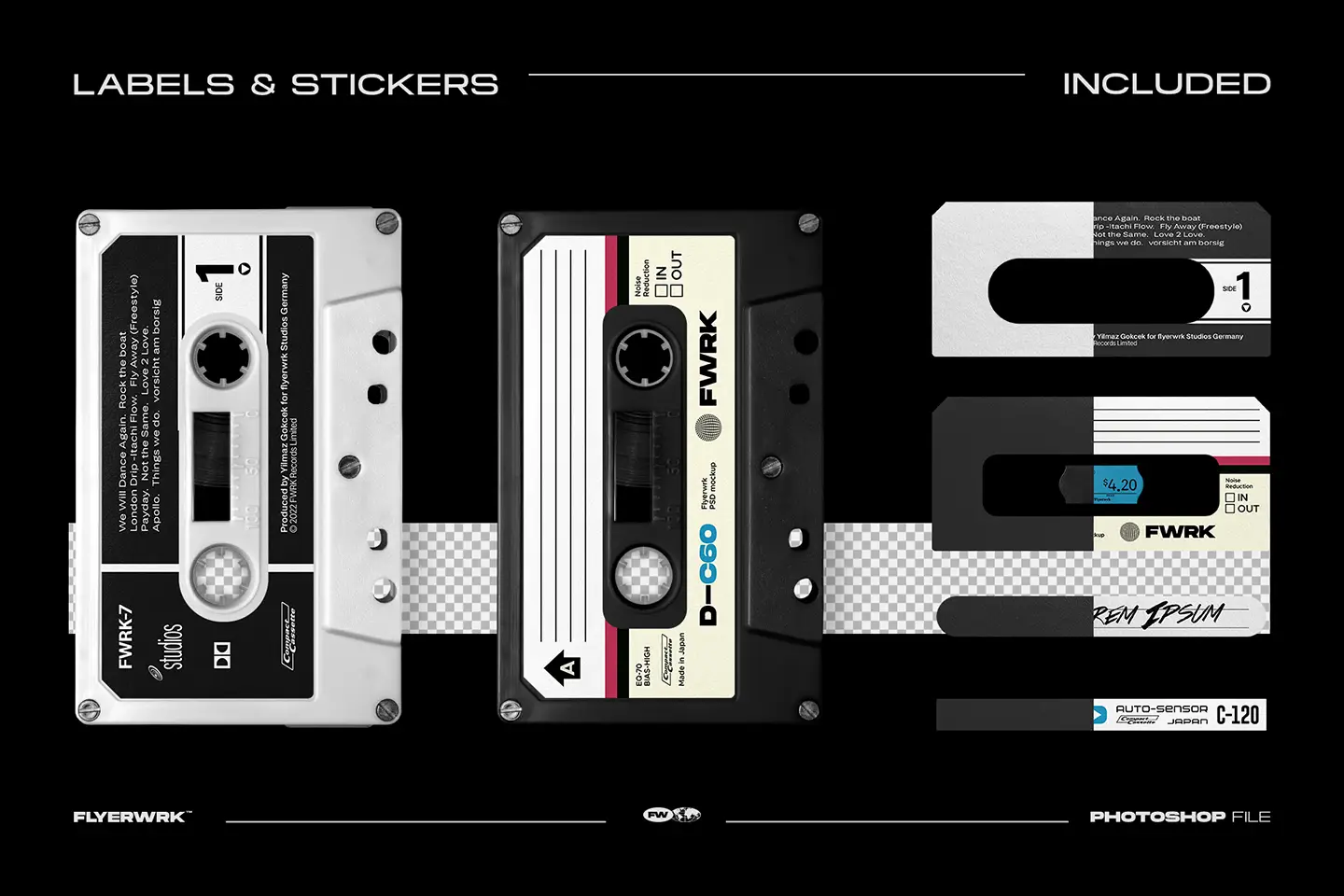 Cassette Case Mockup 02 including various editable tape labels and vintage sticker design assets.