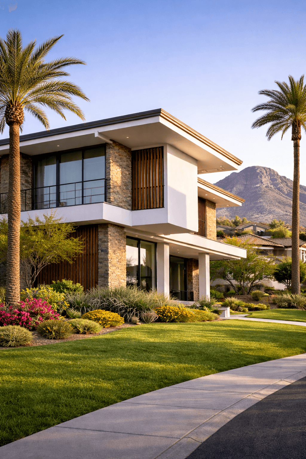 A modern house with large windows and a flat roof, surrounded by greenery against a clear blue sky.
