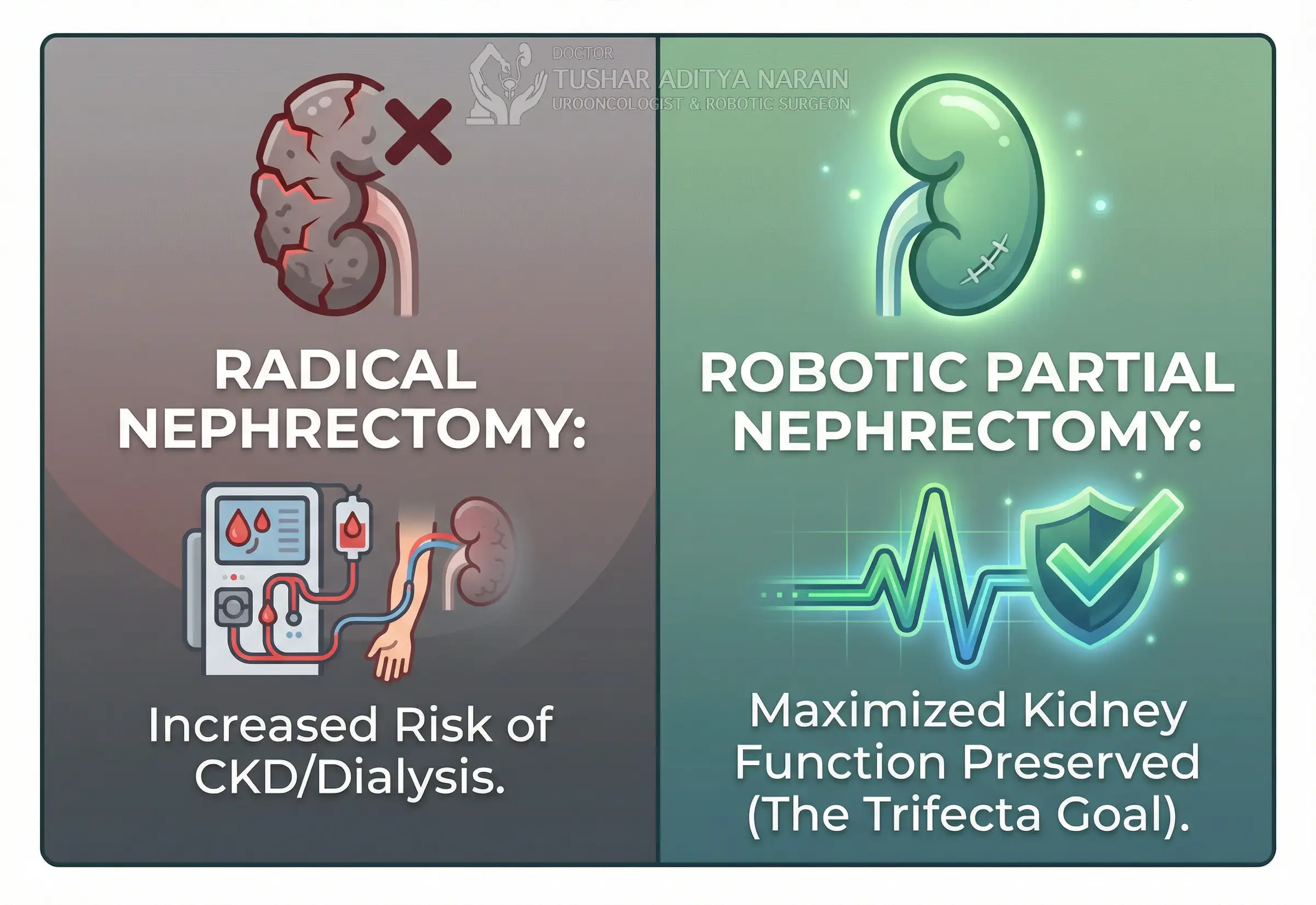 तुलनात्मक इन्फोग्राफिक जो Robotic Partial Nephrectomy (PN) के superior functional outcomes को दर्शाता है जबकि Radical Nephrectomy (RN) की तुलना में, जिसमें कैंसर नियंत्रण, किडनी फंक्शन का संरक्षण और CKD/dialysis (दीर्घकालिक रोग जोखिम) से बचाव शामिल है।