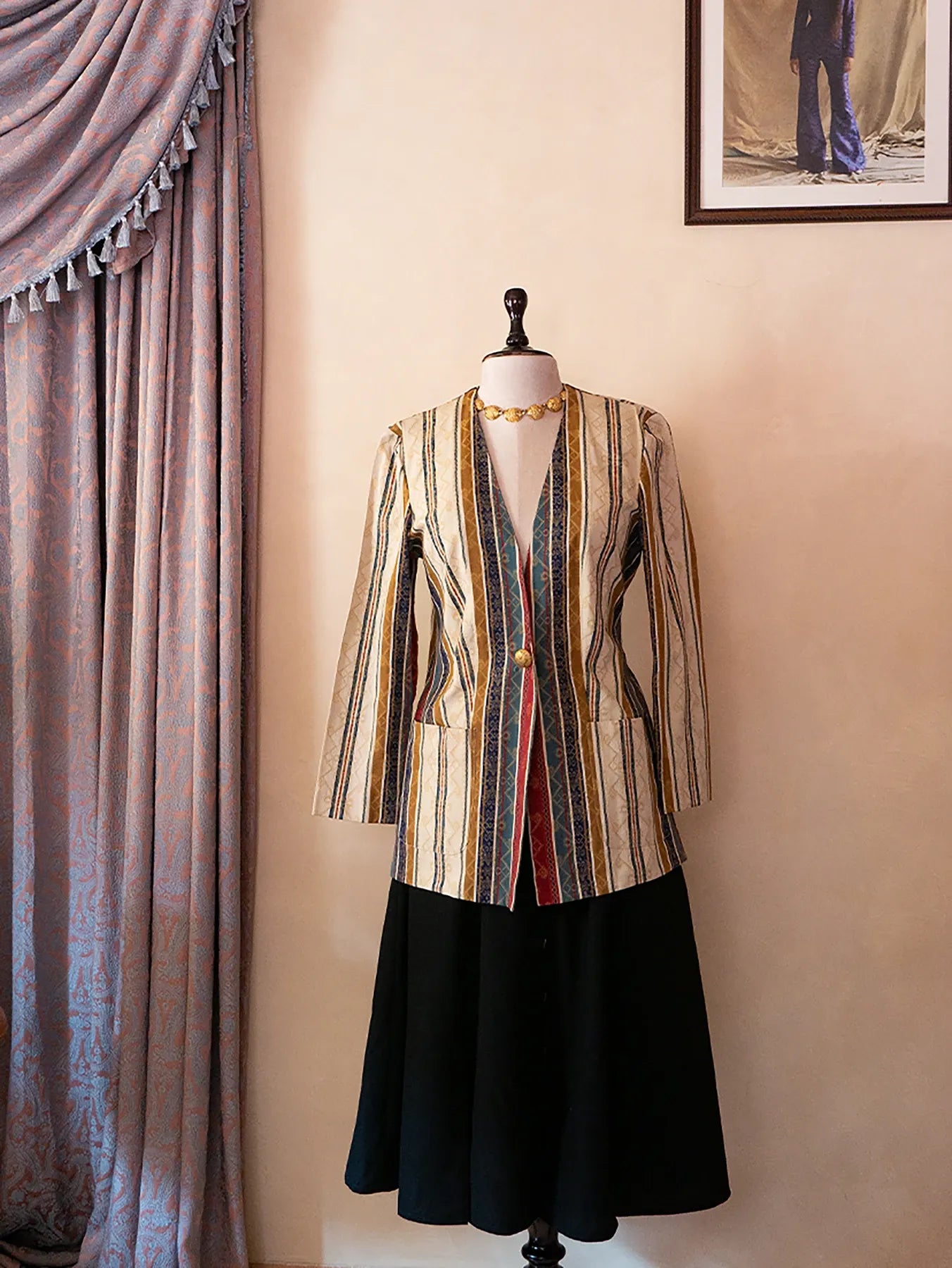 Vintage printed pinstripe long blazer featuring a tailored silhouette and structured fit, thrifted from global vintage collections.