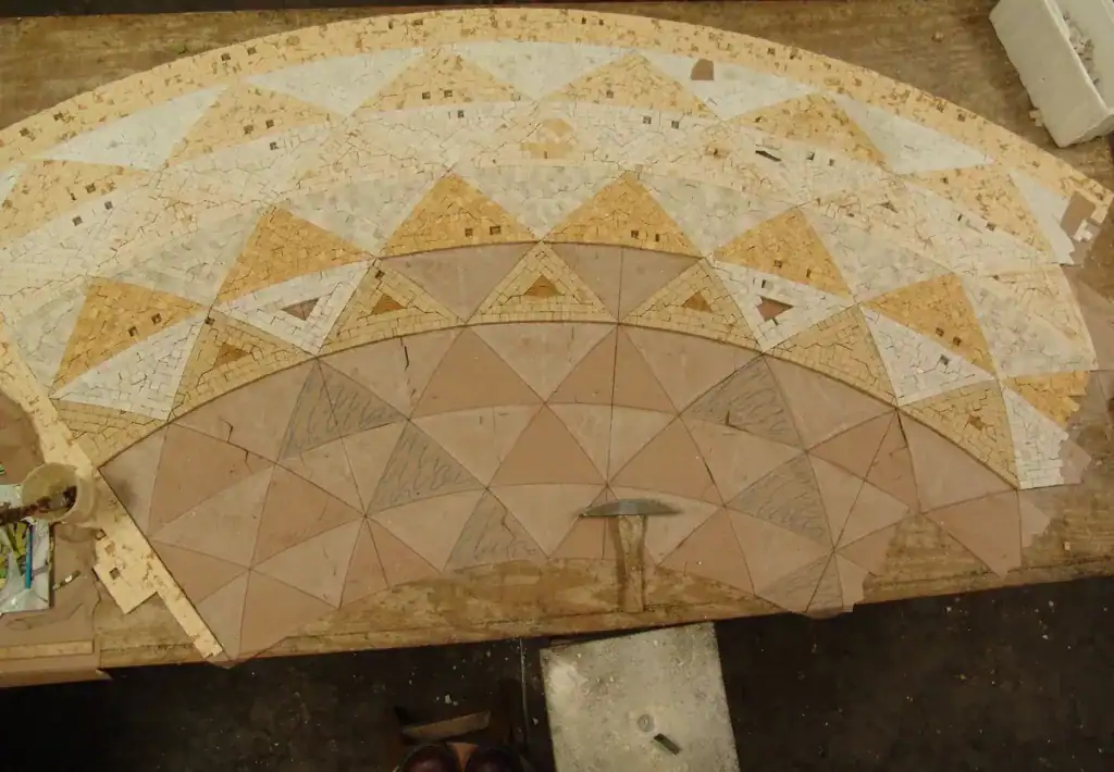 Mosaic Projects - Creating intricate geometric mosaic designs at Mosaiclegs Art Studio.