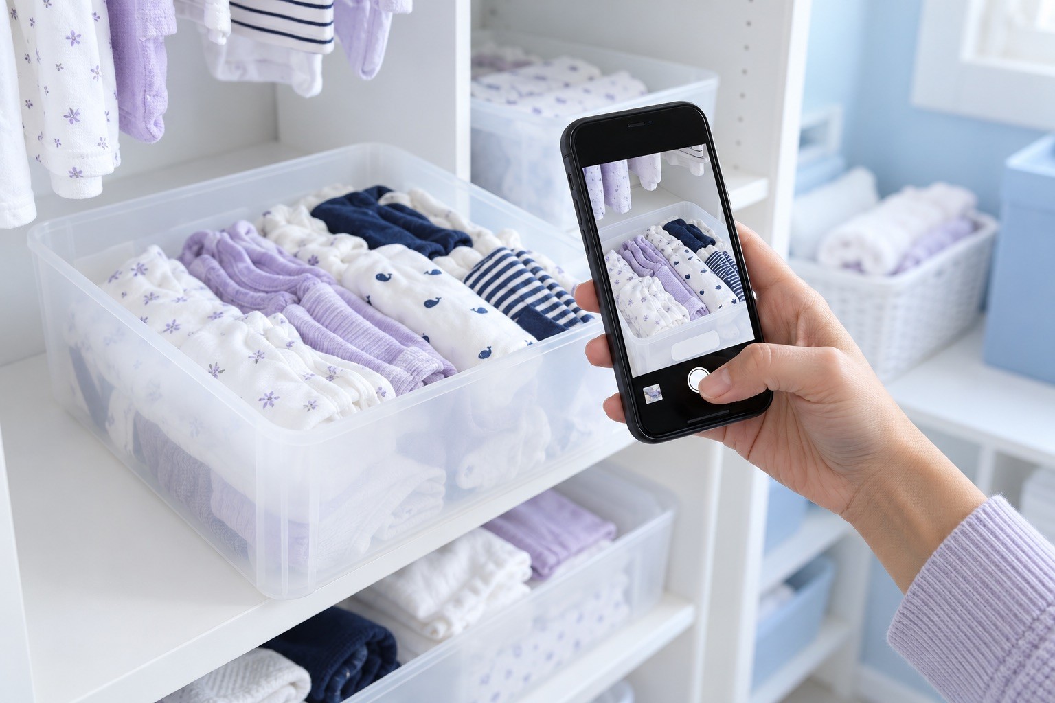 Une main photographie au téléphone une boîte de vêtements blancs, lavande et bleu marine rangée dans une armoire.