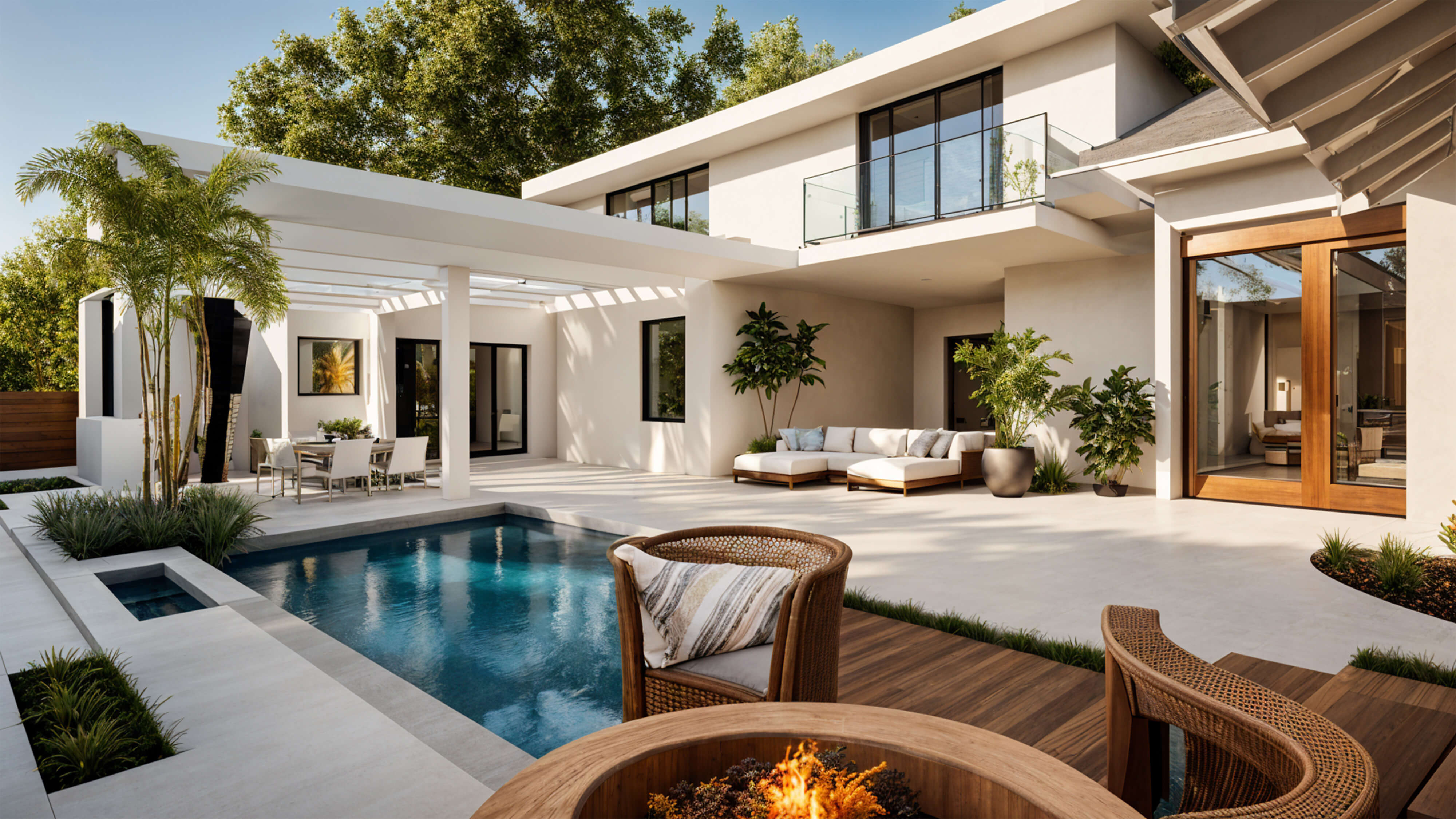 Elegant modern patio with a small pool, fire feature, woven seating, white sectional sofa, and clean architectural lines framed by tall trees and soft landscaping.