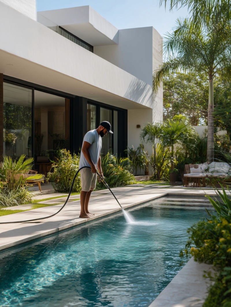 homem enchendo a piscina de uma casa moderna e elegante com água