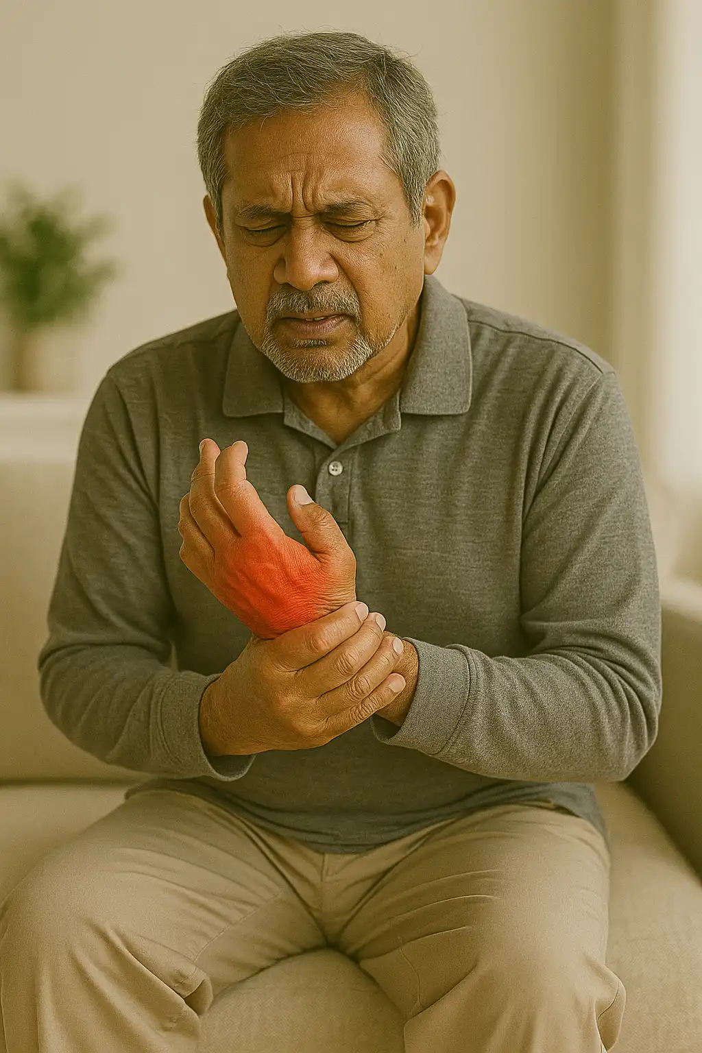 Senior man holding his painful wrist, showing symptoms of arthritis or wrist inflammation.