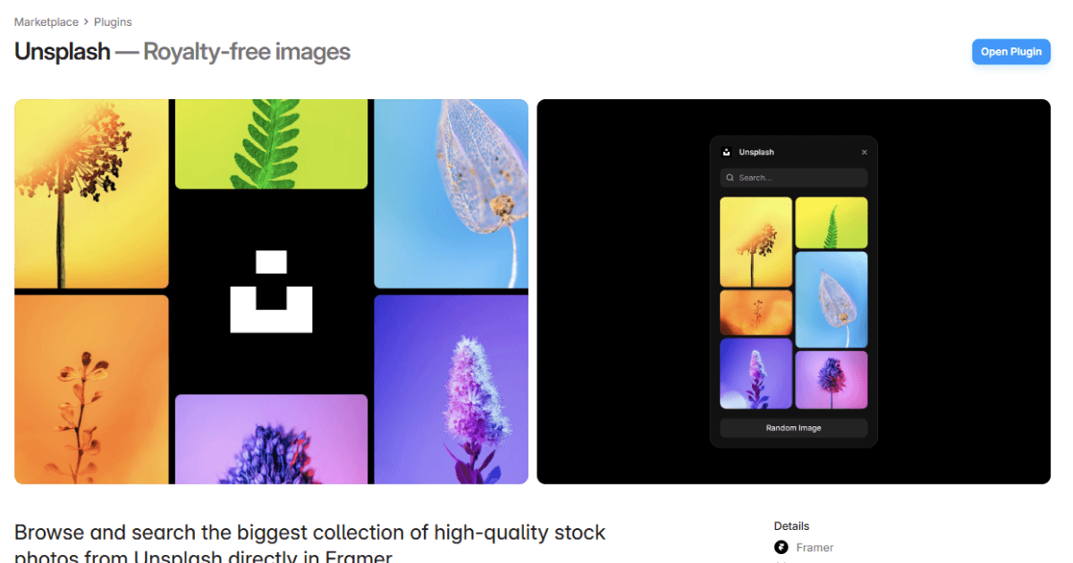 Plugin Unsplash pour intégrer des images libres de droits directement dans Framer