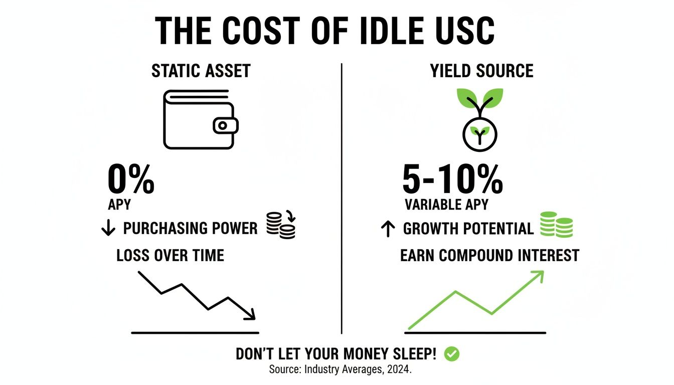 This infographic compares idle static assets offering 0% APY to yield sources with 5-10% APY and growth potential.