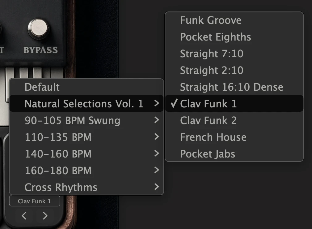 The Preset menu open on the plug-in, showing Default, Natural Selections Vol. 1, the BPM groups, Cross Rhythms and the Natural Selections sub-menu
