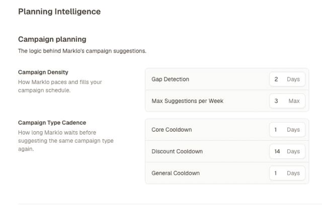Marklo brand memory settings showing saved promo philosophy, launch cadence, and hero products