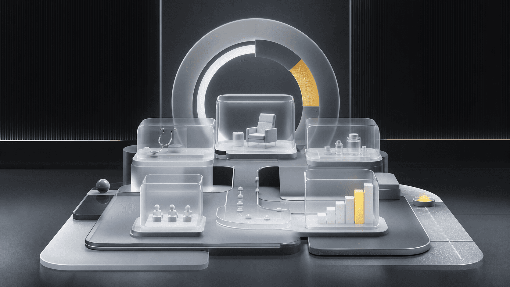 A modular digital healthcare environment made from frosted glass and precise dark surfaces