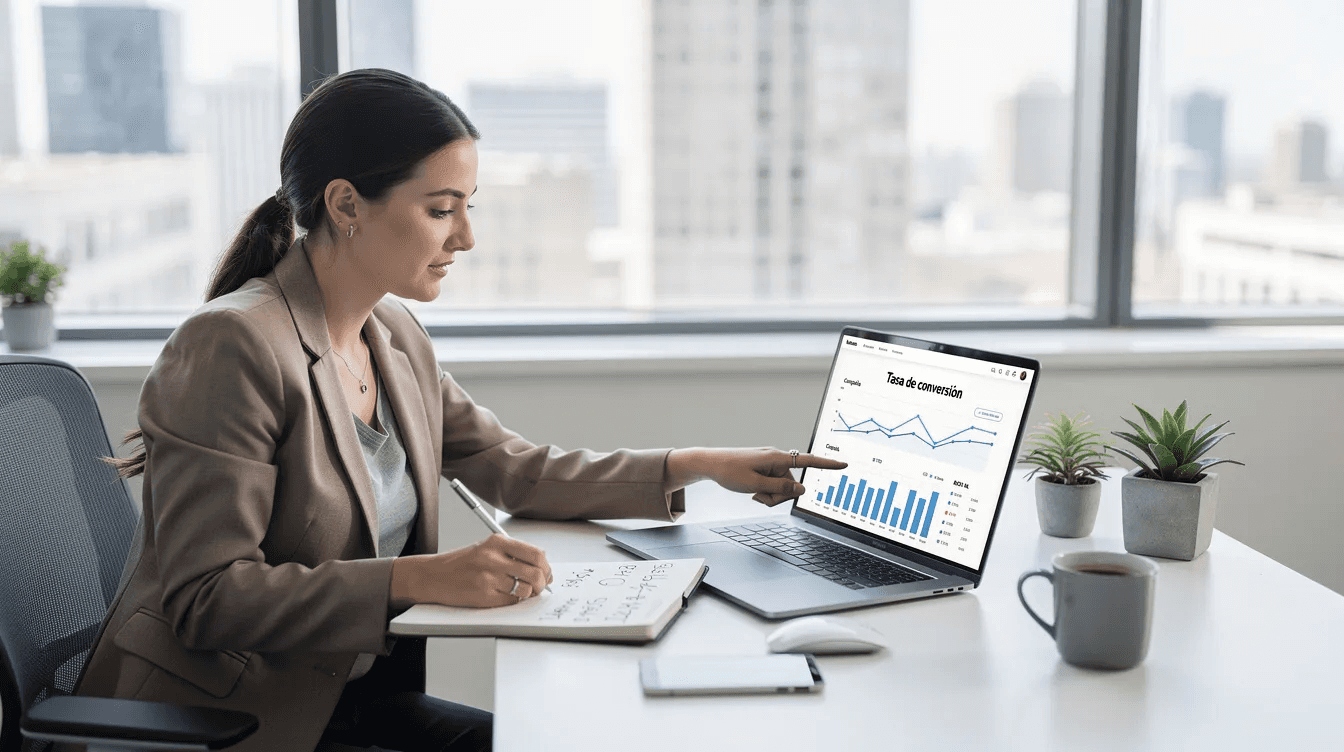 Una profesional está analizando datos de conversión en una laptop, ubicada sobre un escritorio moderno y minimalista. A su alrededor, se pueden ver herramientas de marketing y documentos relacionados con campañas para optimizar la efectividad de su sitio web y landing pages.