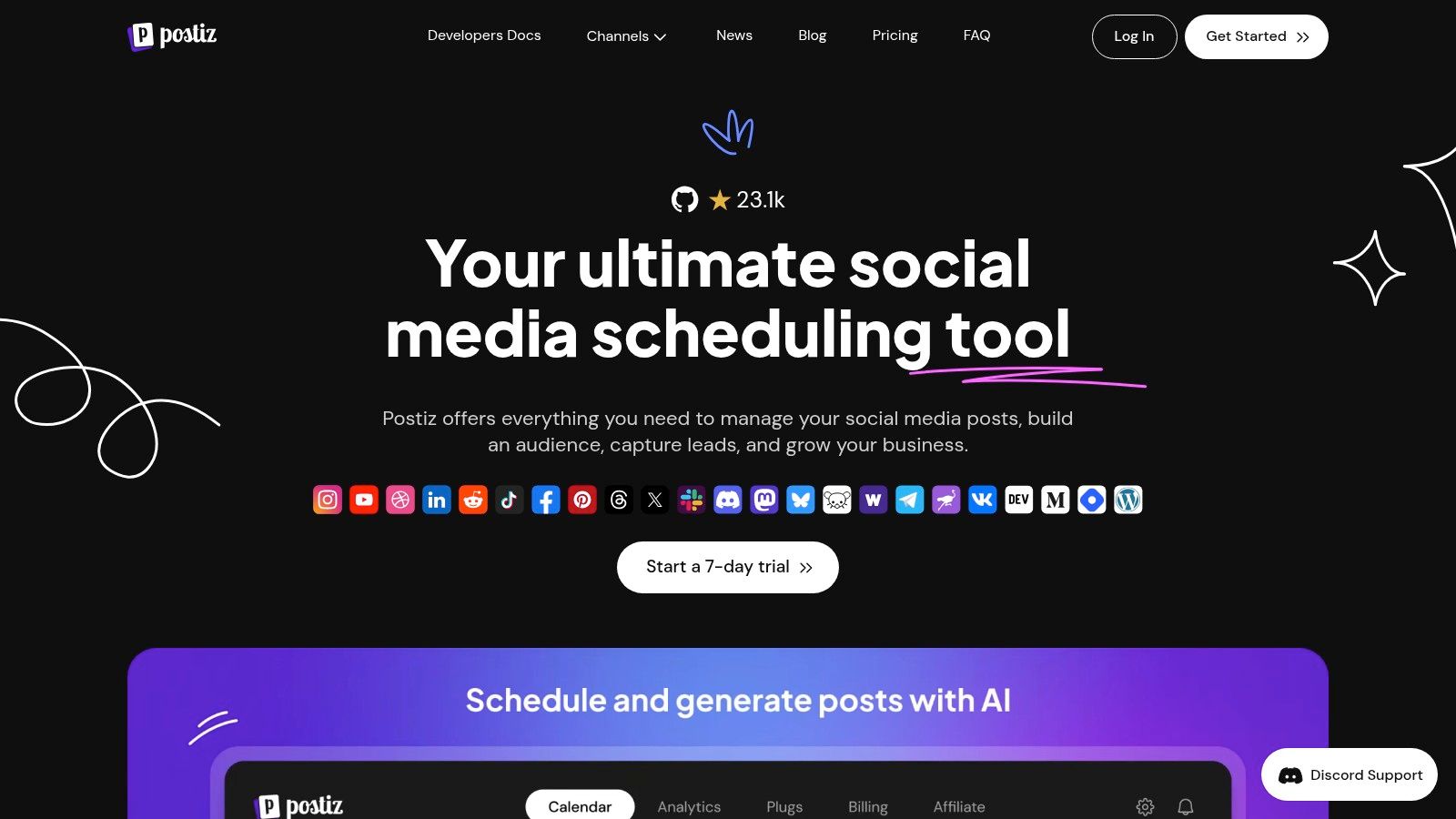 Postiz (open-source; self-host or use hosted)