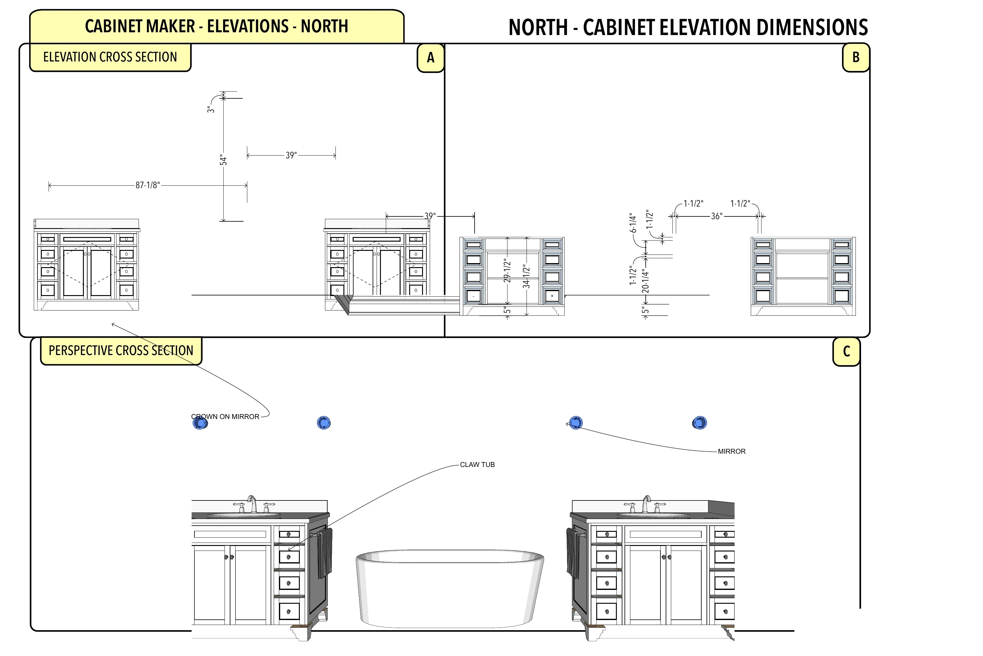 Tub at the Center: technical cabinet elevations and interior views.