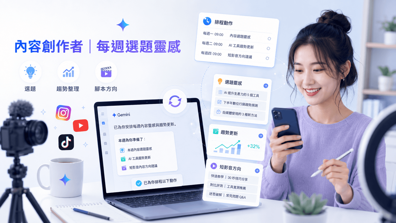 內容創作者使用 Gemini 排程動作生成選題