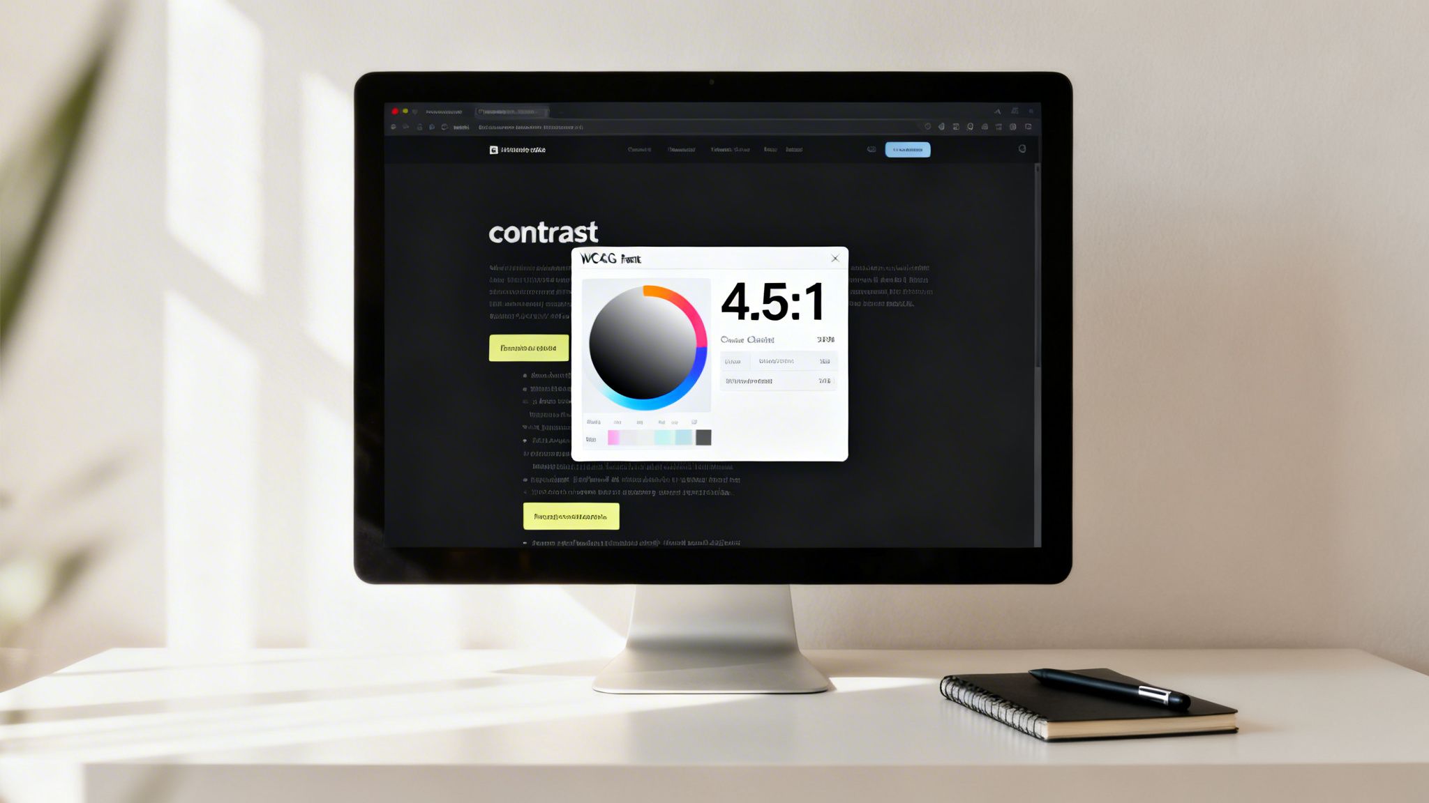 A computer monitor displaying a dark mode website with a WCAG color contrast checker showing a 4.5:1 ratio.