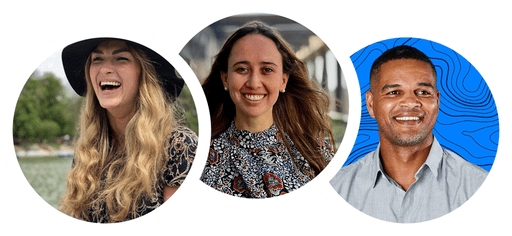 Close up images of two women and one man, with different backgrounds