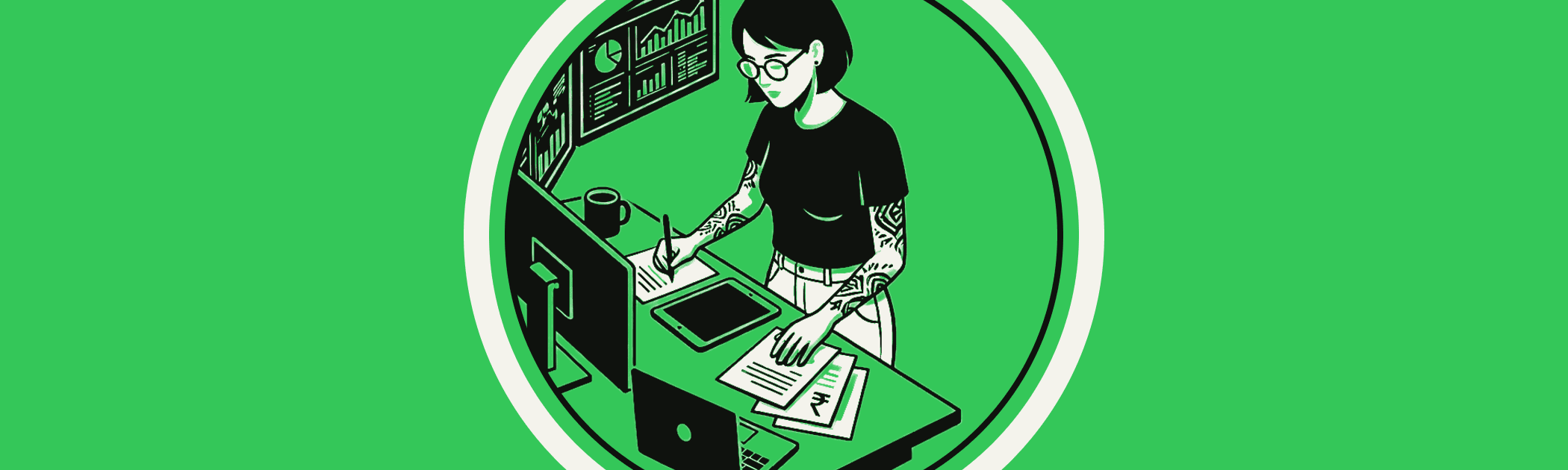 Illustration of a freelancer working at her desk, signing paperwork across monitors and a tablet