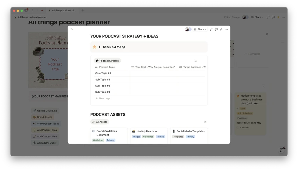 Podcast strategy and ideas board in Notion for planning topics, goals, and target audience