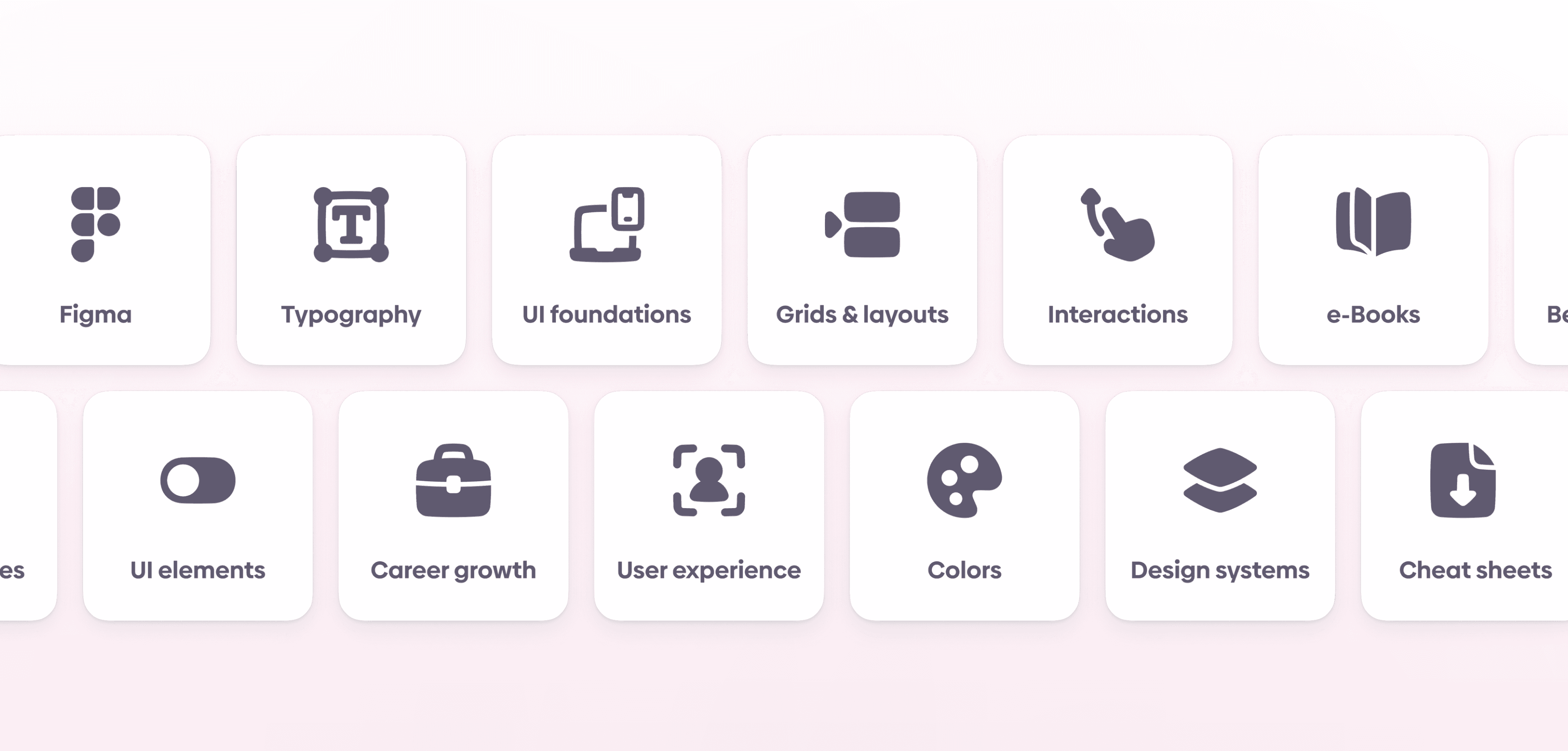 Grid of rounded category cards for design topics, including Figma, Typography, UI foundations, Grids & layouts, Interactions, e-Books, UI elements, Career growth, User experience, Colors, Design systems, and Cheat sheets.