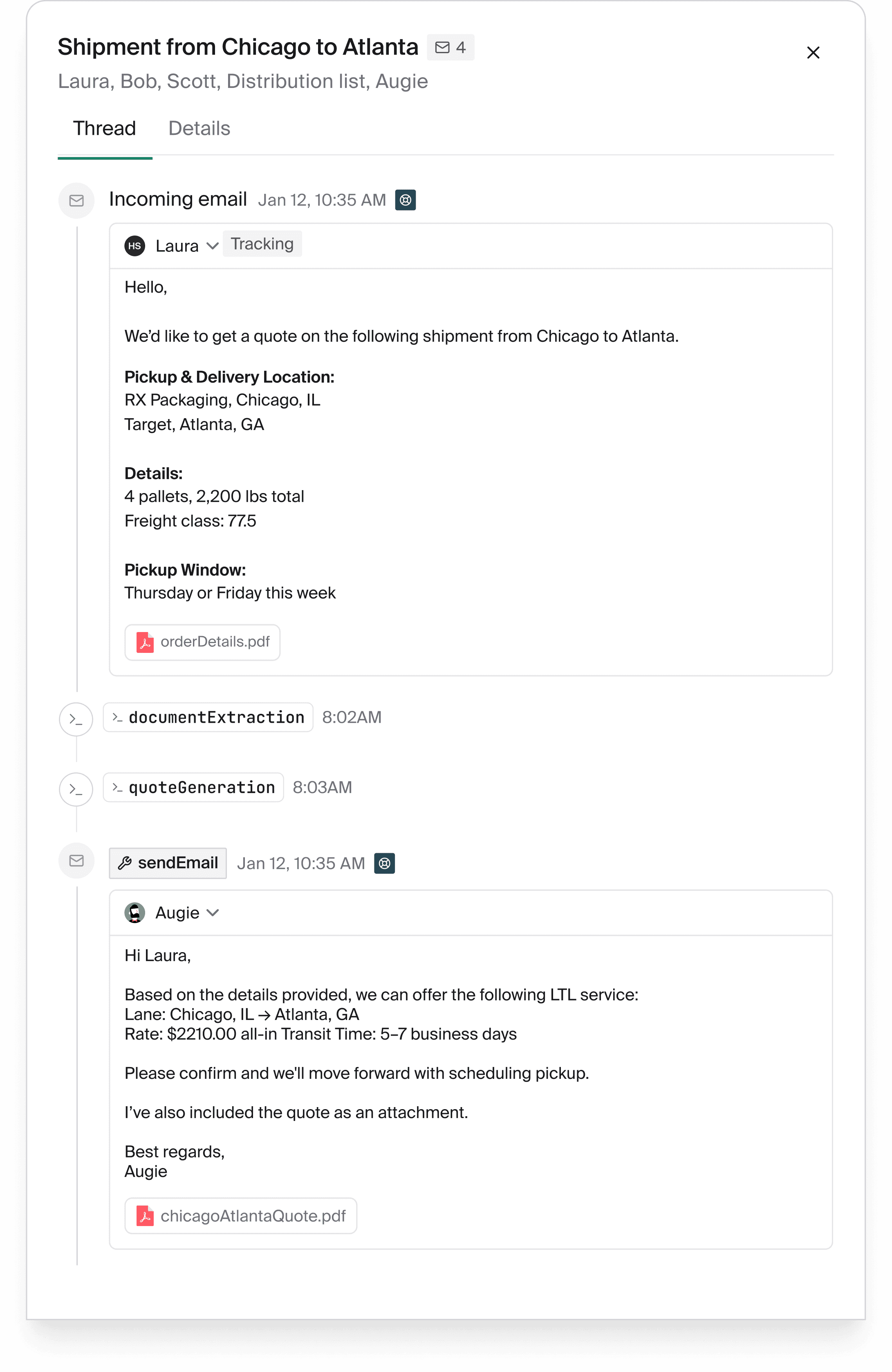 Email thread where Augie processes a Chicago to Atlanta quote request and replies with the LTL rate and transit time