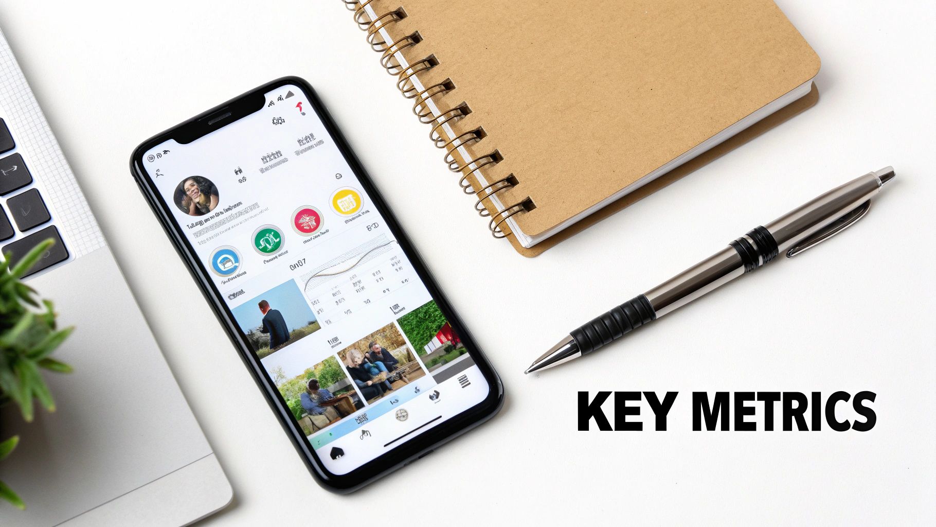 Overhead shot of a workspace with a phone displaying social media analytics, a notebook, pen, and laptop.
