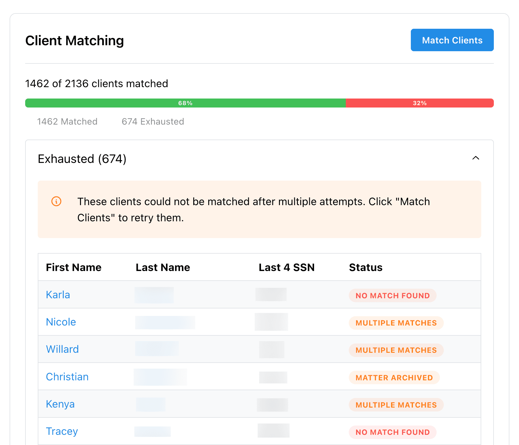 Client matching - matched and exhausted clients