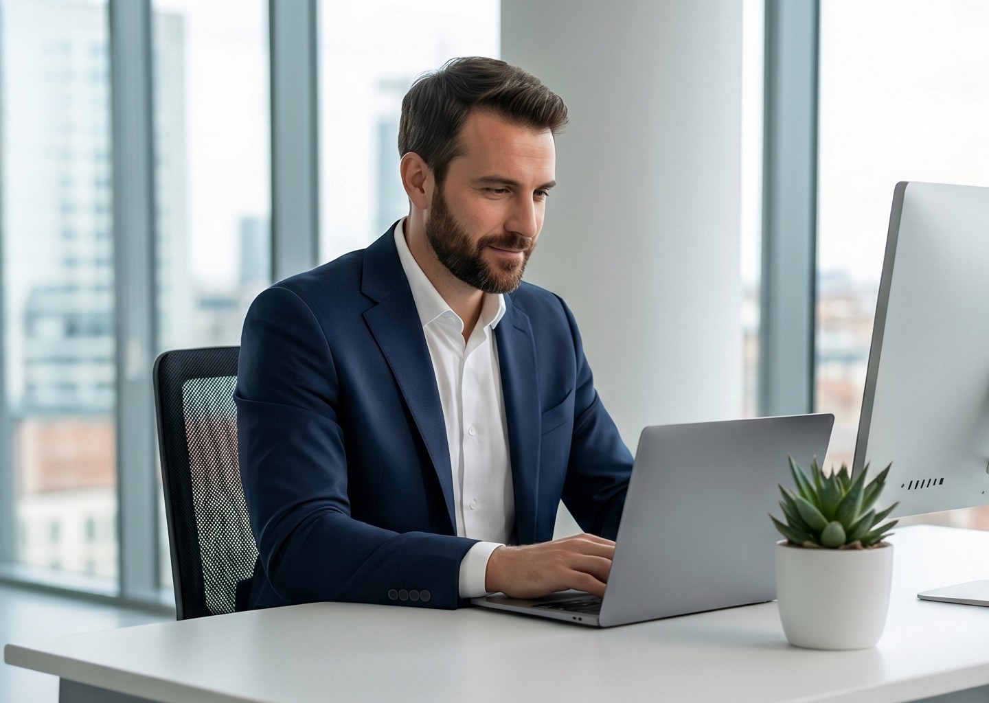 Consulente del lavoro o HR Manager utilizza un software gestionale su laptop per la distribuzione digitale dei cedolini in azienda.