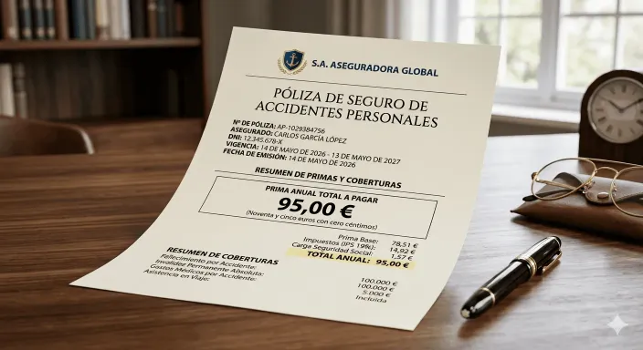 Póliza de seguro de accidentes mostrando una prima económica frente al coste de un seguro de vida.