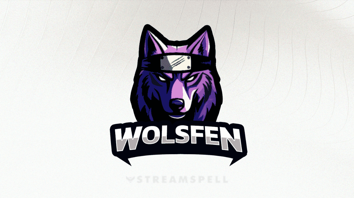 Early Wolsfen logo direction with a purple ninja wolf and bold wordmark