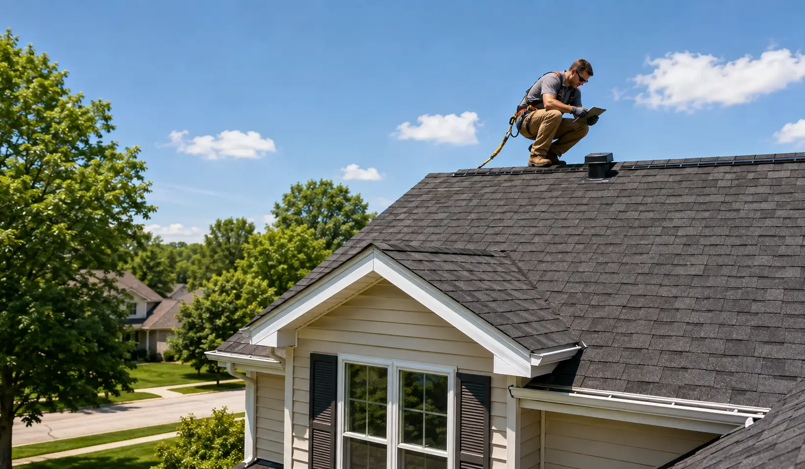 Professional roofer checking ventilation during a summer roofing project in Illinois