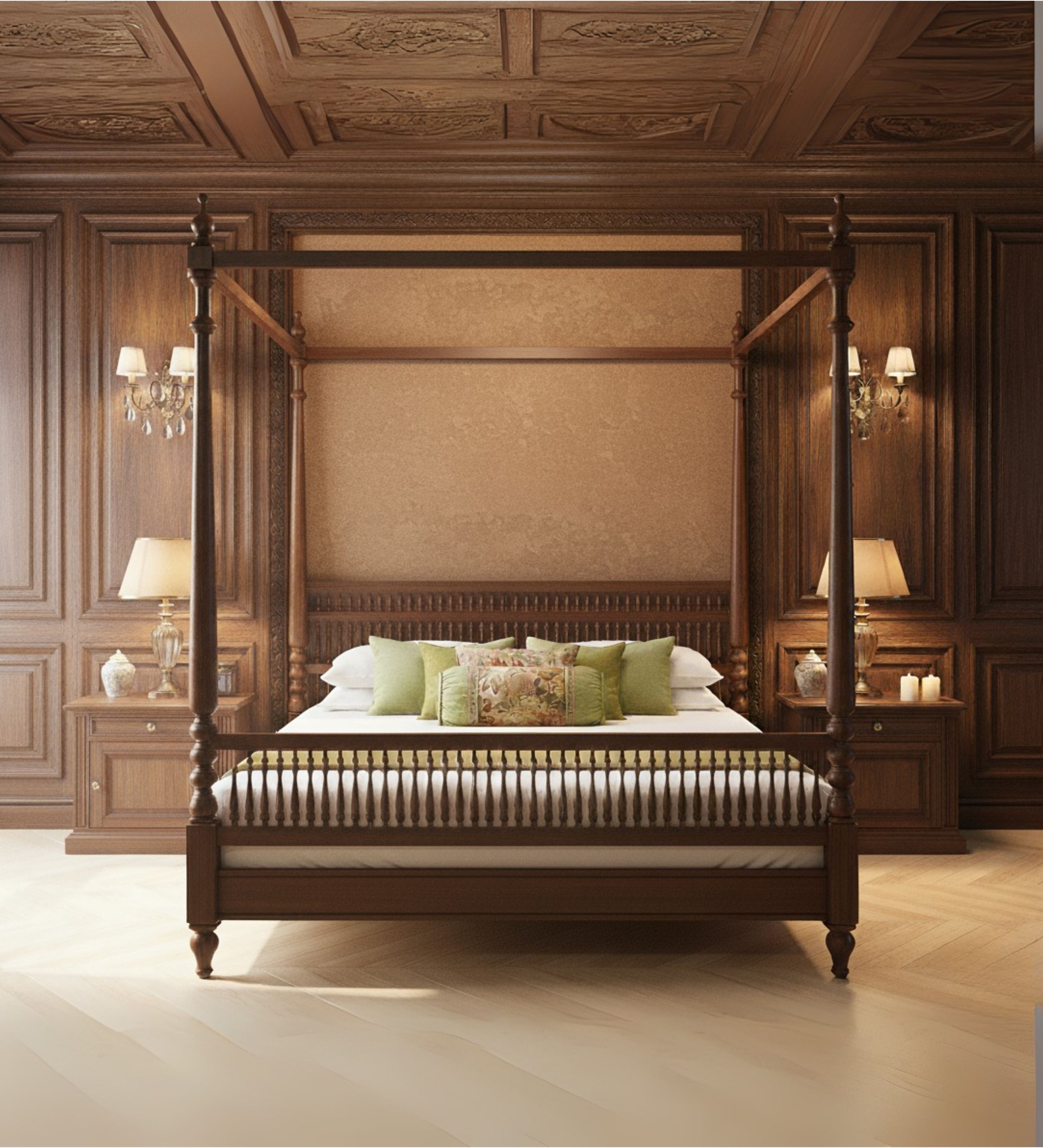 Ornate four‑poster bed with carved canopy structure and paneled base