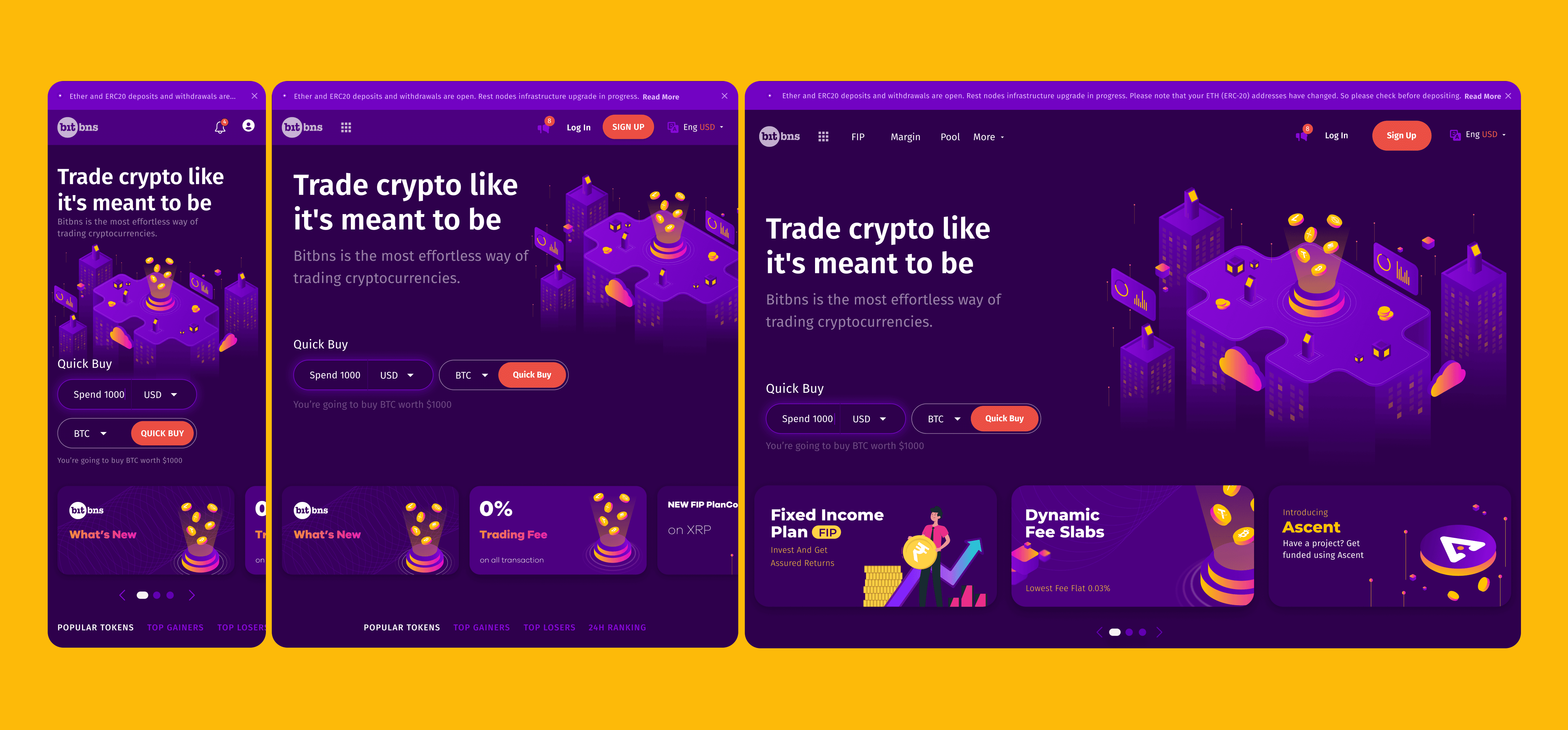 Bitbns home page mobile, tablet, desktop versions
