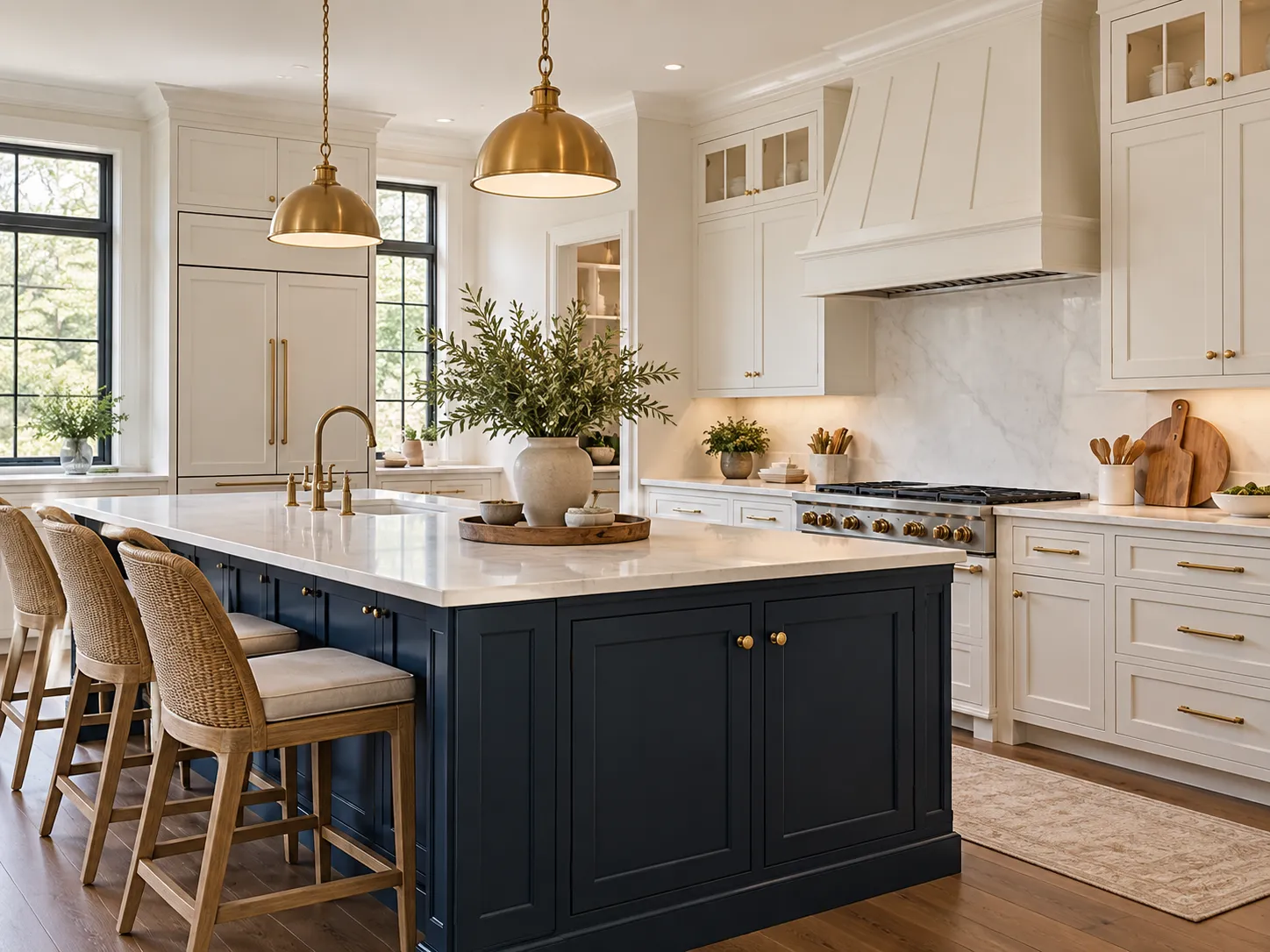 Kitchen with a navy island and warm white perimeter cabinets