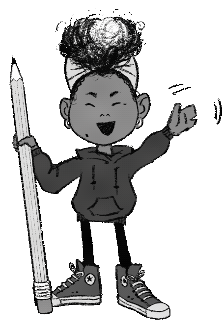 A gif showing a characterized illustration of Lia holding a giant pencil as she waves at site visitors.