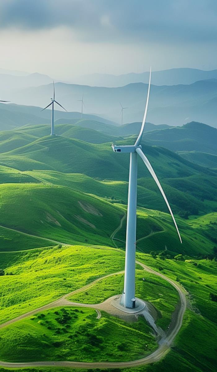 Wind turbines dot a lush green landscape with rolling hills, under a cloudy sky. The image conveys a sense of tranquility and renewable energy.