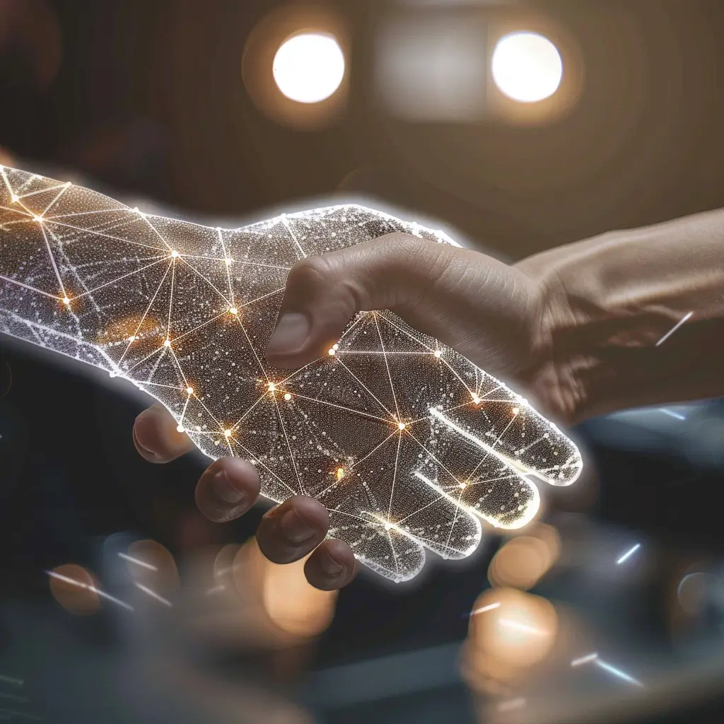 AI hand and human hand shaking