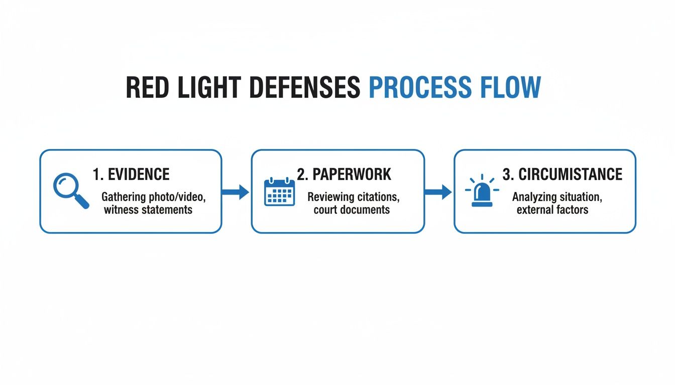 A process flow diagram illustrating three steps for red light ticket defenses: evidence, paperwork, and circumstance.