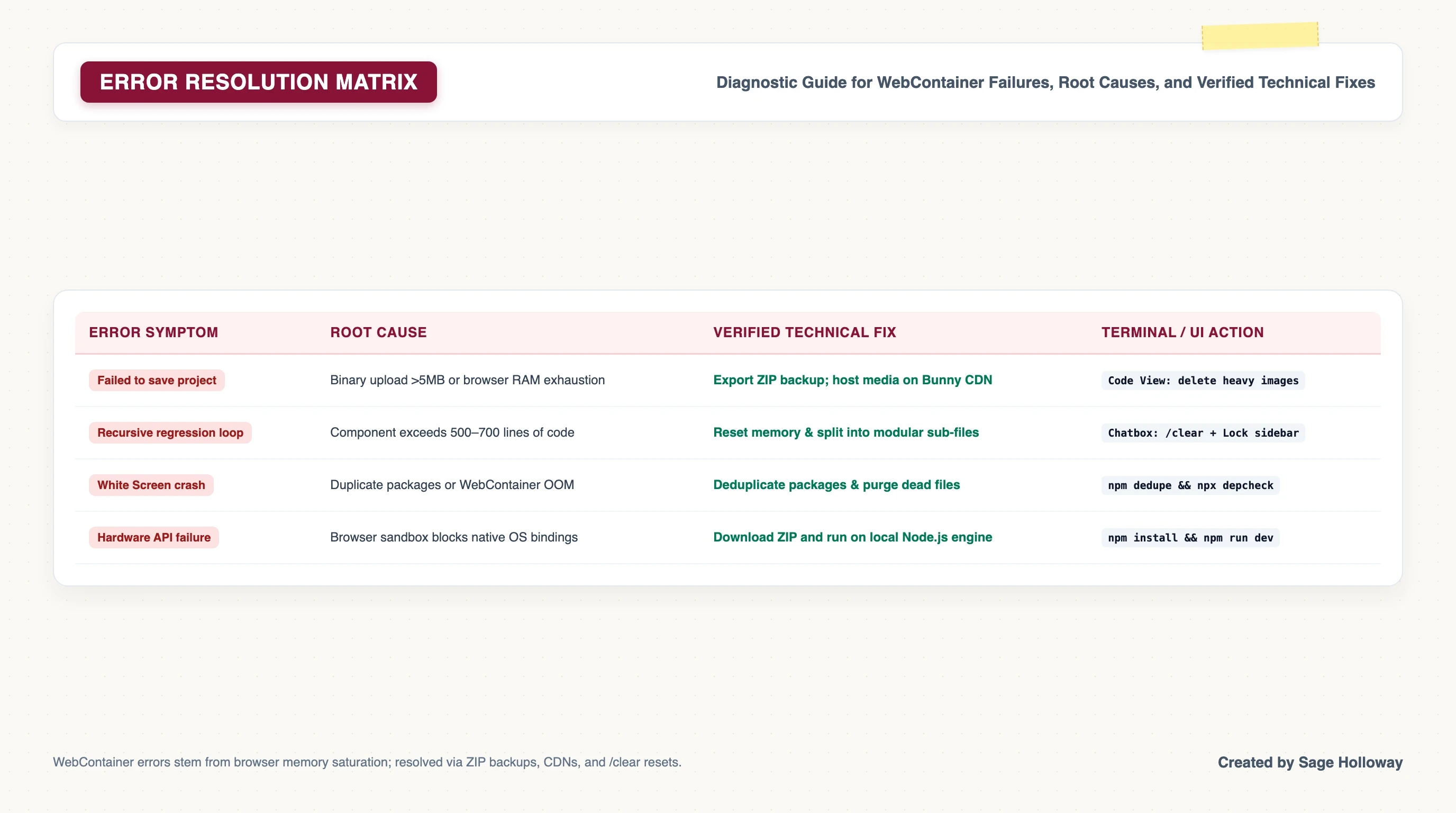Troubleshooting matrix for Bolt.new WebContainer errors including save failure recursive loops and memory crashes