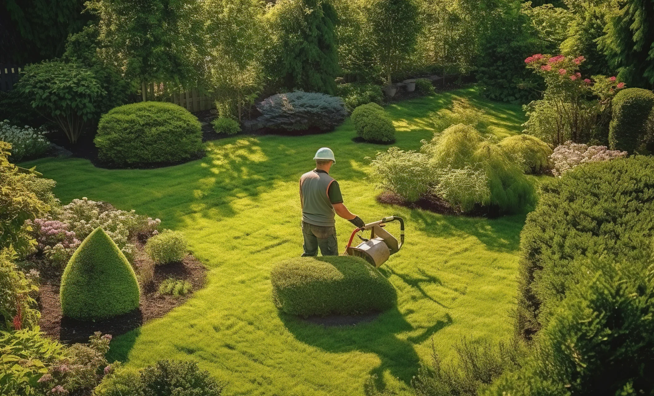 Professional lawn mowing in luxury garden