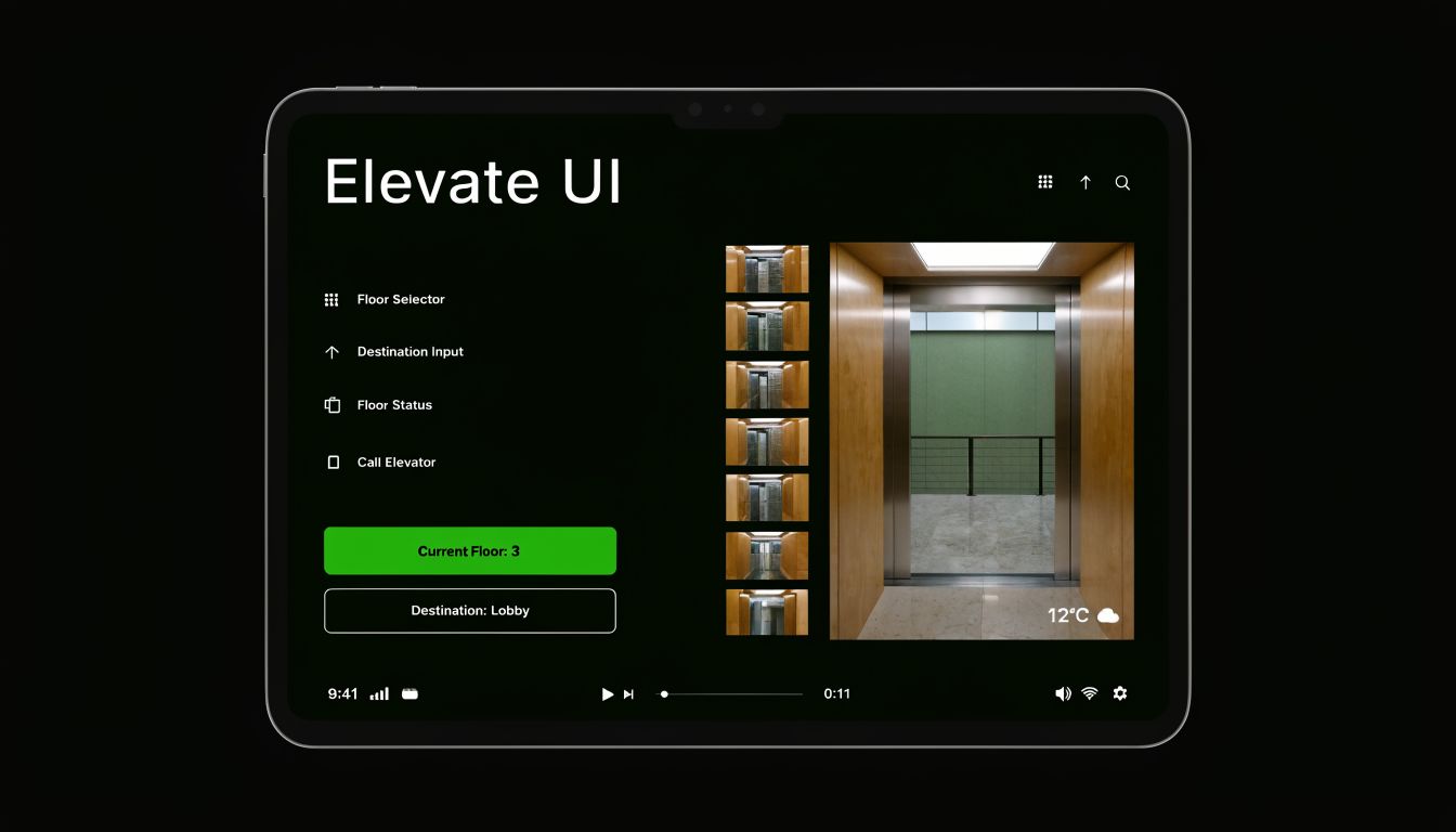A digital tablet interface display for an elevator control system showing floor status and destination controls.